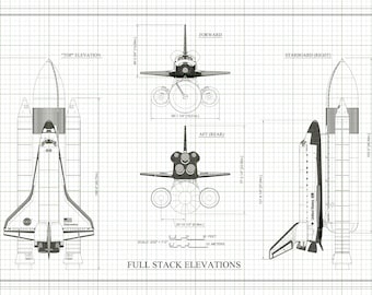 Space Shuttle Blueprint Elevation View Poster- Discovery Shuttle Elevation Drawing, Astronaut Poster, NASA Space Shuttle, Space Exploration