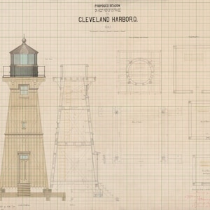 Cleveland Harbor West Pierhead Lighthouse Blueprint - Lighthouse Drawing, Nautical Poster, Beach House Décor, Ohio Lighthouse Poster Print