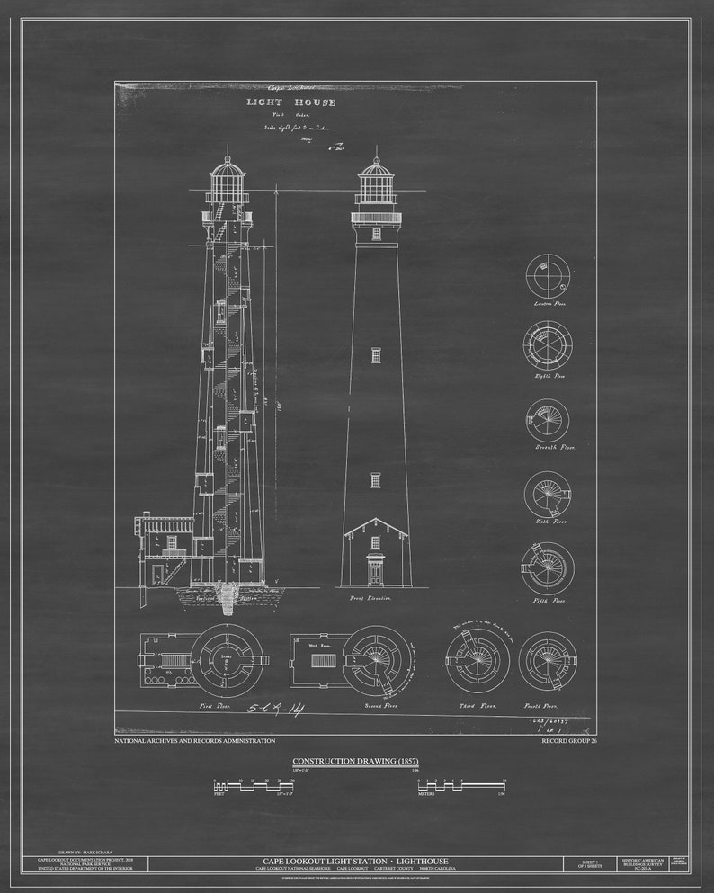 Cape Lookout Lighthouse Blueprint Print – North Carolina Nautical Art ...