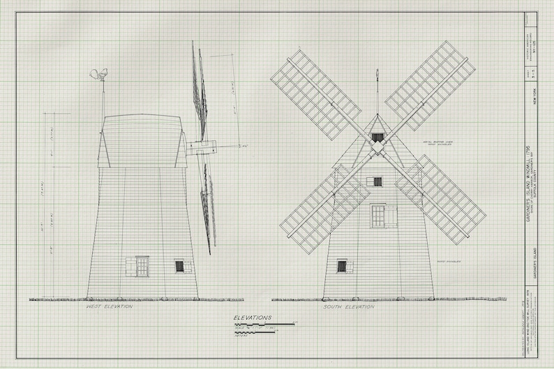 Windmill Blueprint Exploded View Gardiners Island Windmill Blueprint – 1795 New York Elevation Drawing ...