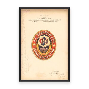 May include: A vintage trade mark for J.C. Ferguson & Co. Sugar Cured Hams, Indianapolis, Indiana. The logo features a shield with the initials "J.C.F." and the words "MonoGram Sugar Cured Hams" in a red circle.