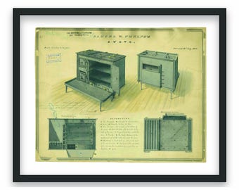 Lámina artística de patente de estufa – Decoración de cocina vintage de 1834