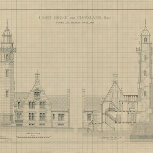 Cleveland Lighthouse Tower and Dwelling Blueprint - Lighthouse Drawing, Nautical Poster, Beach House Décor, Ohio Lighthouse Poster Print