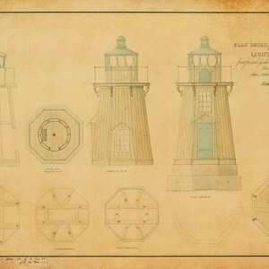 Portland Breakwater Lighthouse Blueprint - Maine Lighthouse, Lighthouse Print, Bug Light Poster, Beach House Décor, Nautical Poster Print,