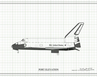 Póster con el plano del transbordador espacial Discovery – Dibujo de elevación de la NASA