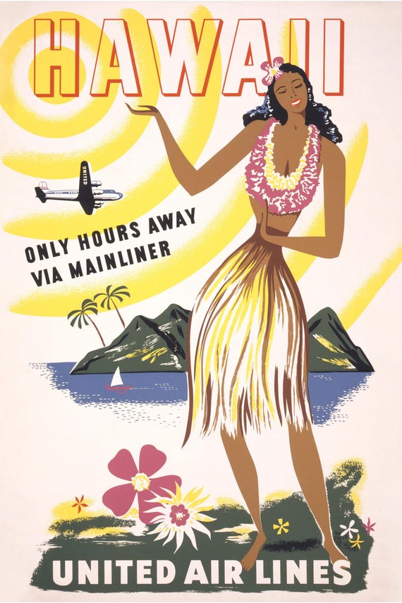 Hawaii Travel Poster – 1950s United Air Lines, Retro Tropical
