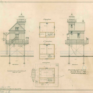 Killick Shoal vuurtoren plattegrond hoogte tekening - Killick Shoal, Virginia vuurtoren, vuurtoren print, maritieme poster, decor strandhuis