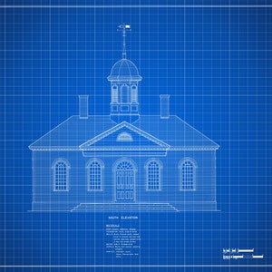 Colonial Williamsburg Courthouse Elevation Drawing - Courthouse Poster, Courthouse Drawing, Law Firm Decor, 1770 Virginia Courthouse