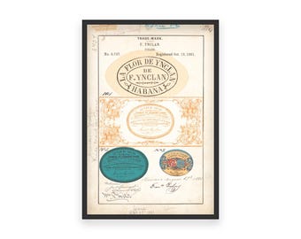 Impresión de la marca registrada de puros La Flor de Ynclan de 1881: etiqueta de puro habano antiguo, decoración de tabaco antigua, arte cubano