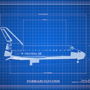 Space Shuttle Starboard Elevation Blueprint Poster- Discovery Shuttle Elevation Drawing, Astronaut Poster, NASA Space Shuttle Poster