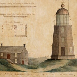 Tarpaulin Cove Light Lighthouse Elevation Drawing - Keeper Dwelling, Massachusetts Lighthouse Print, Maritime Poster, Beach House Decor,