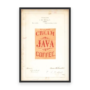 Puede incluir: Un documento de registro de marca vintage para "Cream Java Coffee" con el texto impreso en rojo sobre un fondo crema. El documento está fechado el 11 de mayo de 1879.