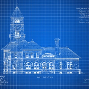 San Jose California Post Office Elevation Drawing Blueprint - Old Post Office Blueprint, Post Office Drawing, Office Decor, Blueprint Decor