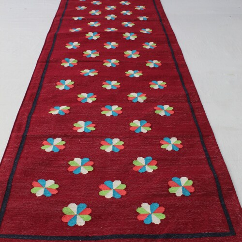 Multi Size Handmade Cotton Dark Red Floral Design Runner Rug- Washable shops Runner Dhurrie Kilim