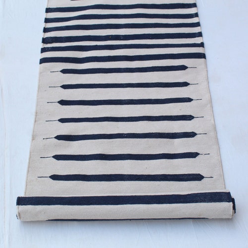 MultiSize Handmade Cotton Runner Rug- Flat Woven off white And Indigo Blue Striped Runner shops Kilim Rug
