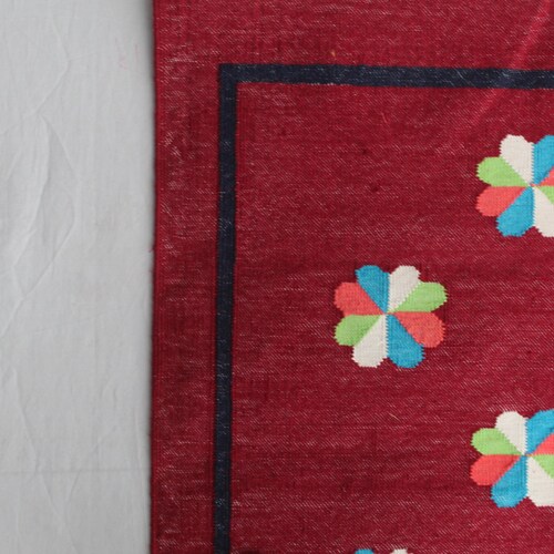 Multi Size Handmade Cotton Dark Red Floral Design Runner Rug- Washable shops Runner Dhurrie Kilim