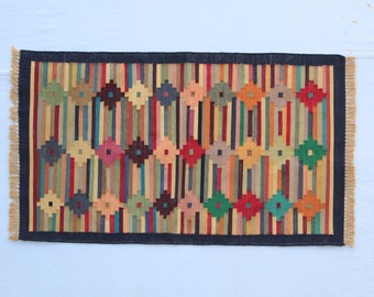 2x4 Blue Border Colorful Tie-dye Cotton Hand Woven Small Size Rug Dhurrie