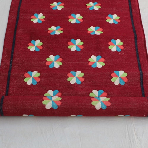 Multi Size Handmade Cotton Dark Red Floral Design Runner Rug- Washable shops Runner Dhurrie Kilim