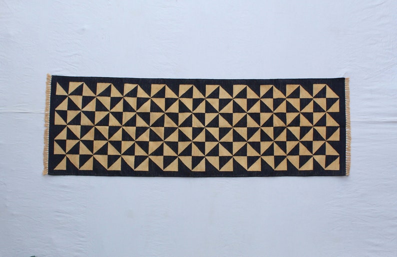 MultiSize Handmade Cotton Runner Rug- Washable Flat shops Woven Tie and Dye Black And Golden Yellow Runner Rug