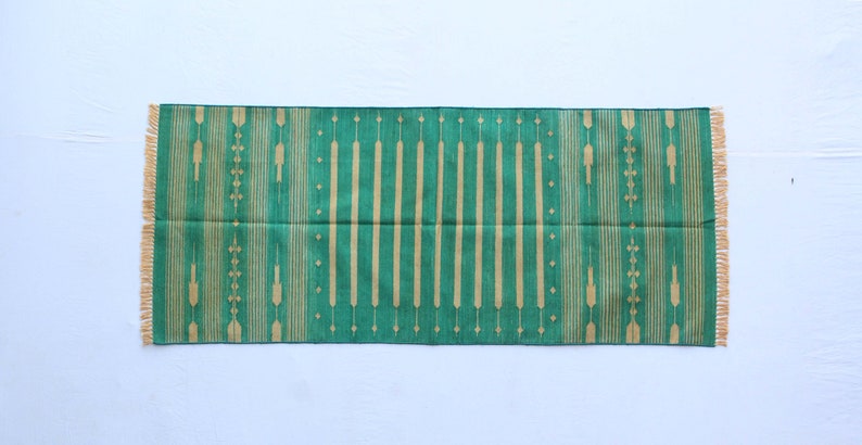 MultiSize Handmade Cotton Runner Rug- Washable Flat Woven Tie and Dye Dark Green And Golden Yellow Runner Rug
