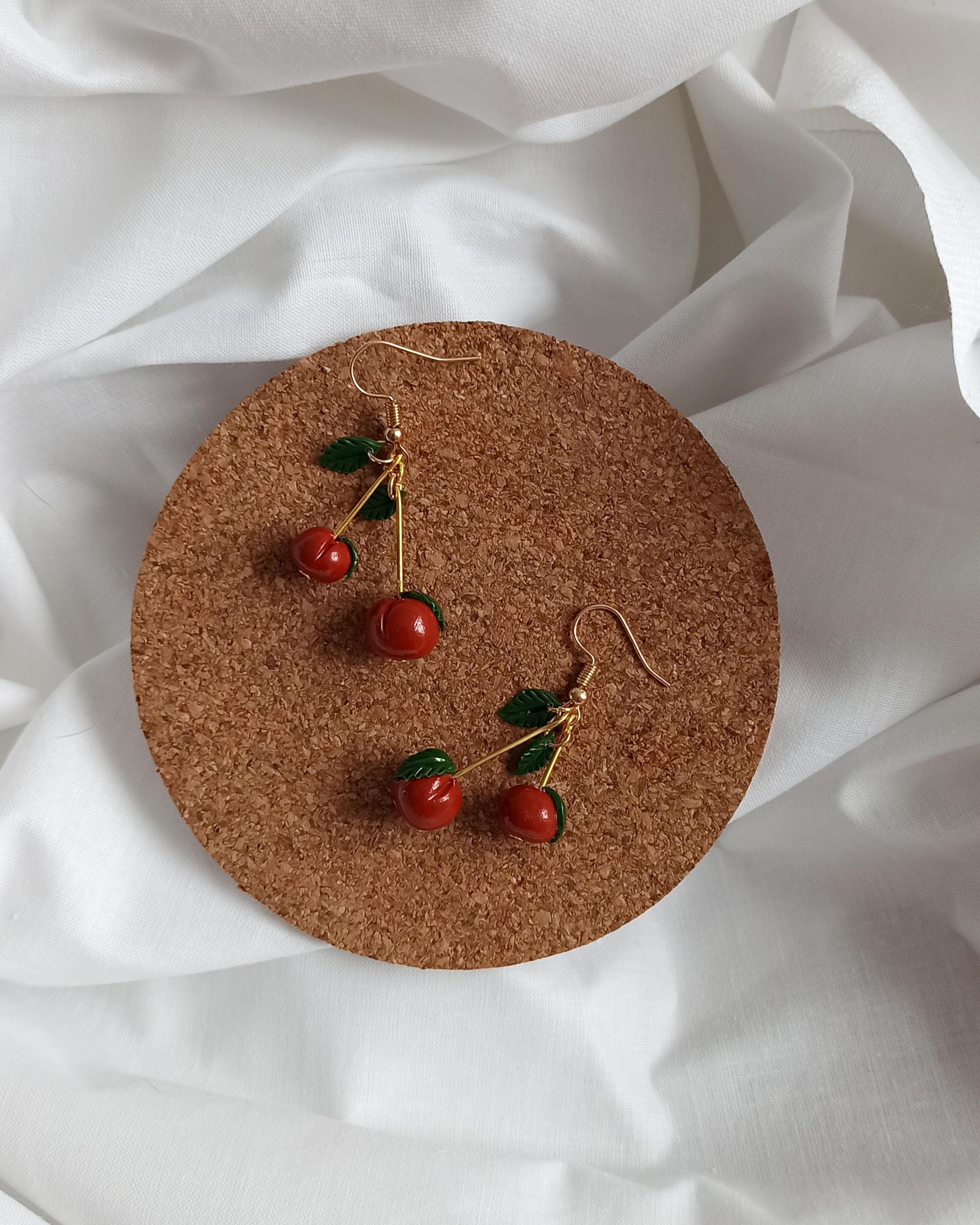 Gold Cherry Polymer Clay Earrings: Handmade Fruit Charm, Nickel-Free