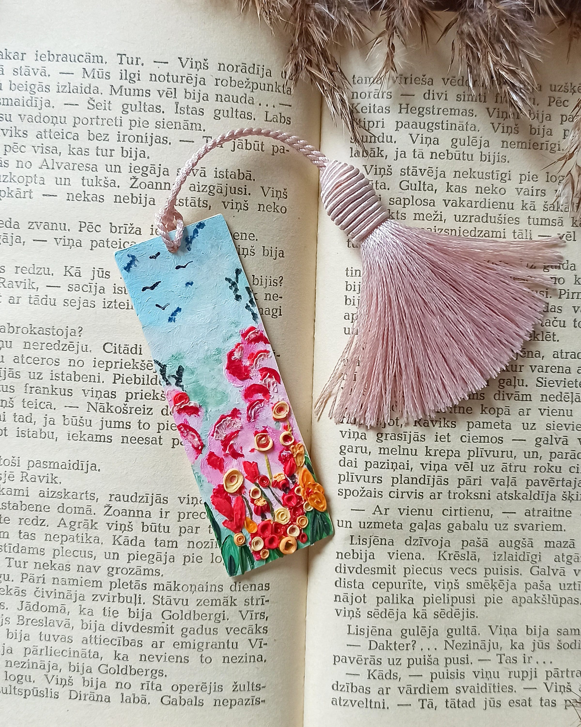 Aesthetic Handpainted Spring Bookmark- Best friend gift- Polymer Clay Bookmarks- booklover gift- Pink tassel flower bookmark- plastic free