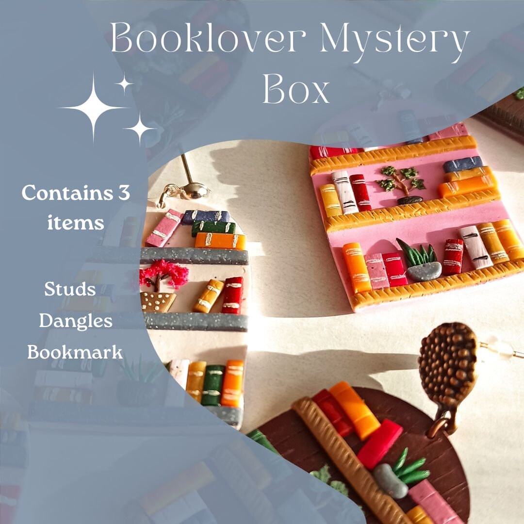 Book Lover Mystery Box: Clay Earrings, Studs, Bookmark (3 items)