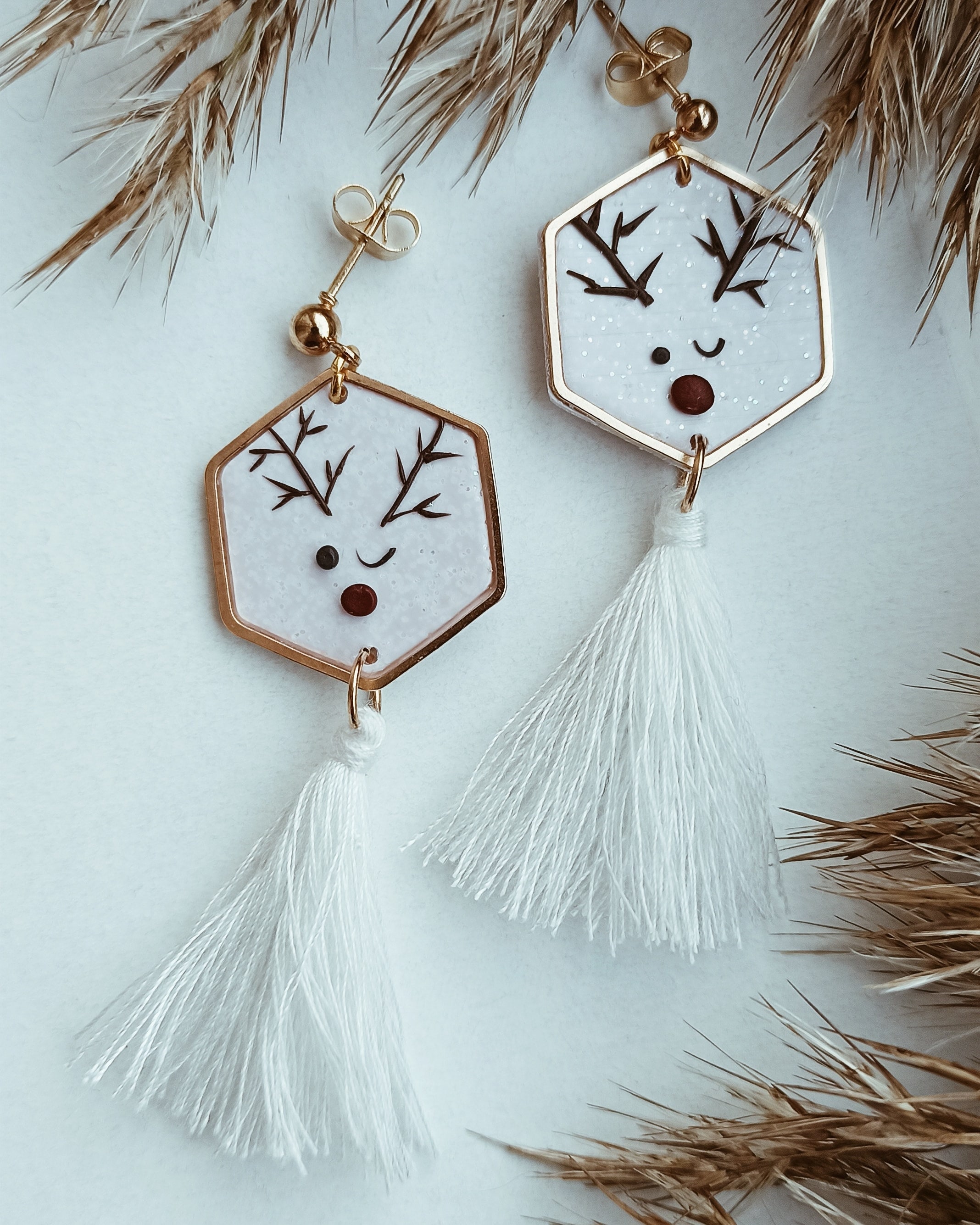Winter gold earrings, reindeer face earrings, White polymerclay Cristmas gift, Holiday Earrings, Clay Earrings, Handmade stocking stuffer