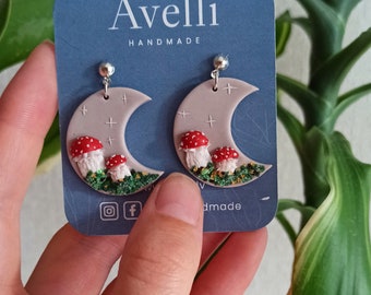 Pendientes de bosque, Joyería de setas, Pendientes colgantes de latón plateado, Cottagecore, Pendientes Boho, Regalo de Navidad para ella, Pendientes funky, Luna