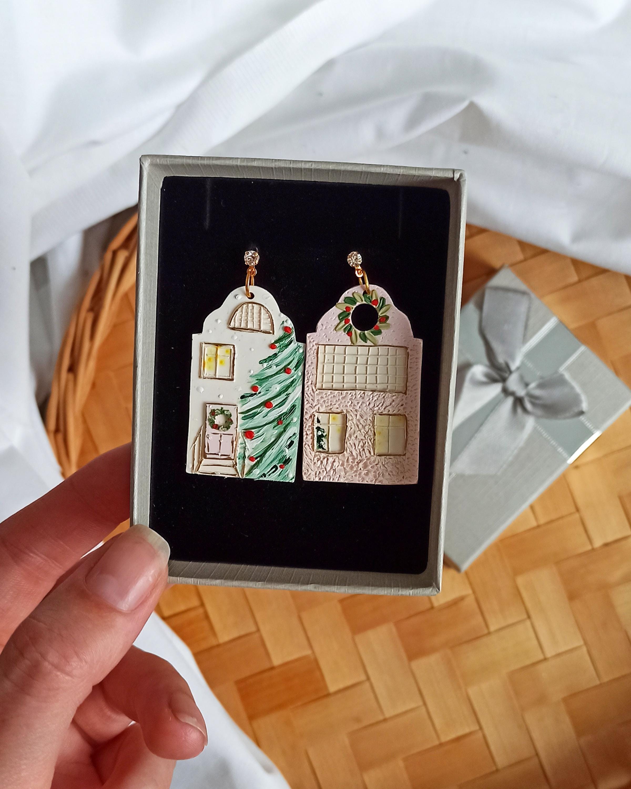 Christmas House Dangle Earrings: 18K Gold, Polymer Clay, Nickel-Free