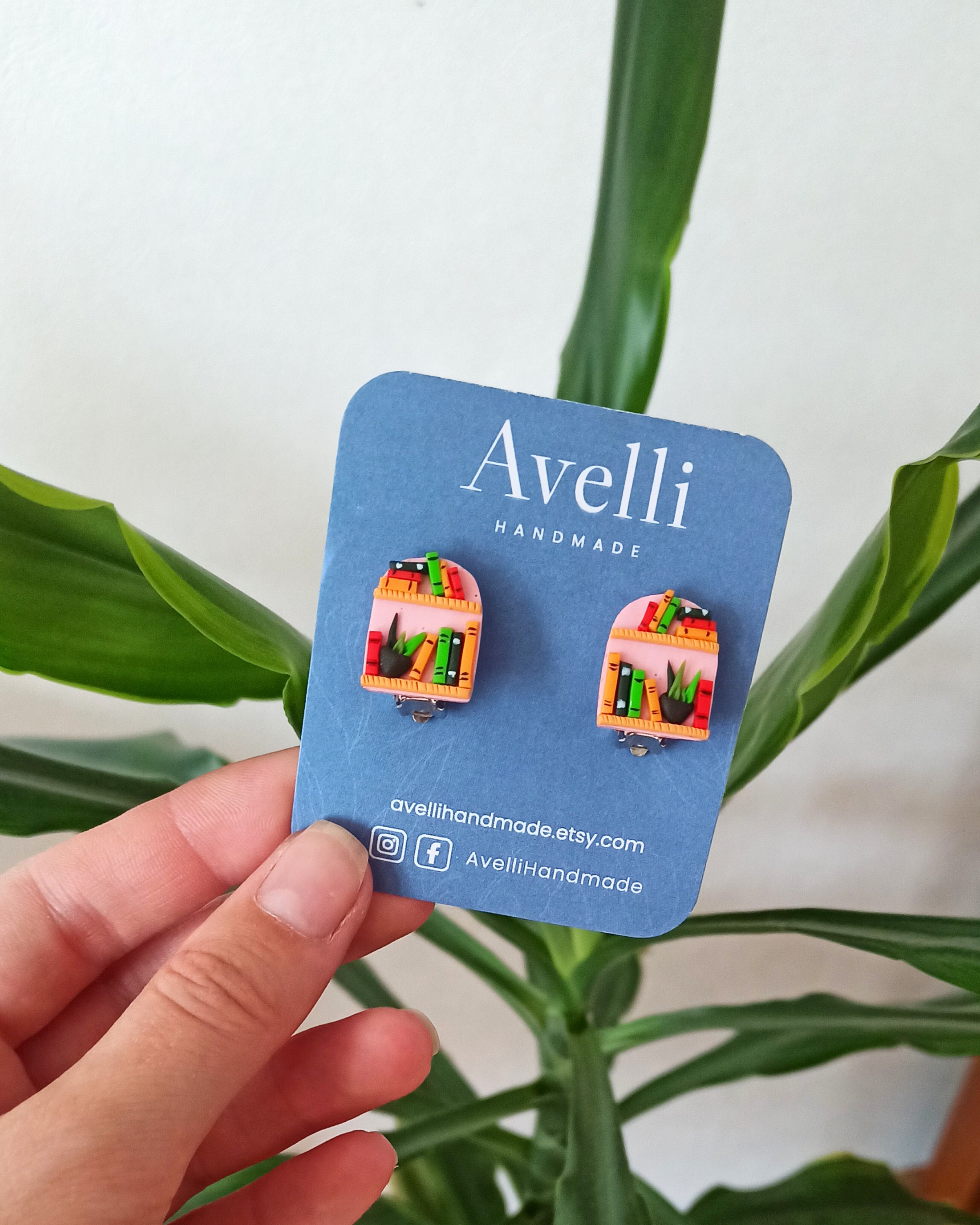 Pink Library Clip On Earrings: Handmade Polymer Clay Bookshelf Earrings