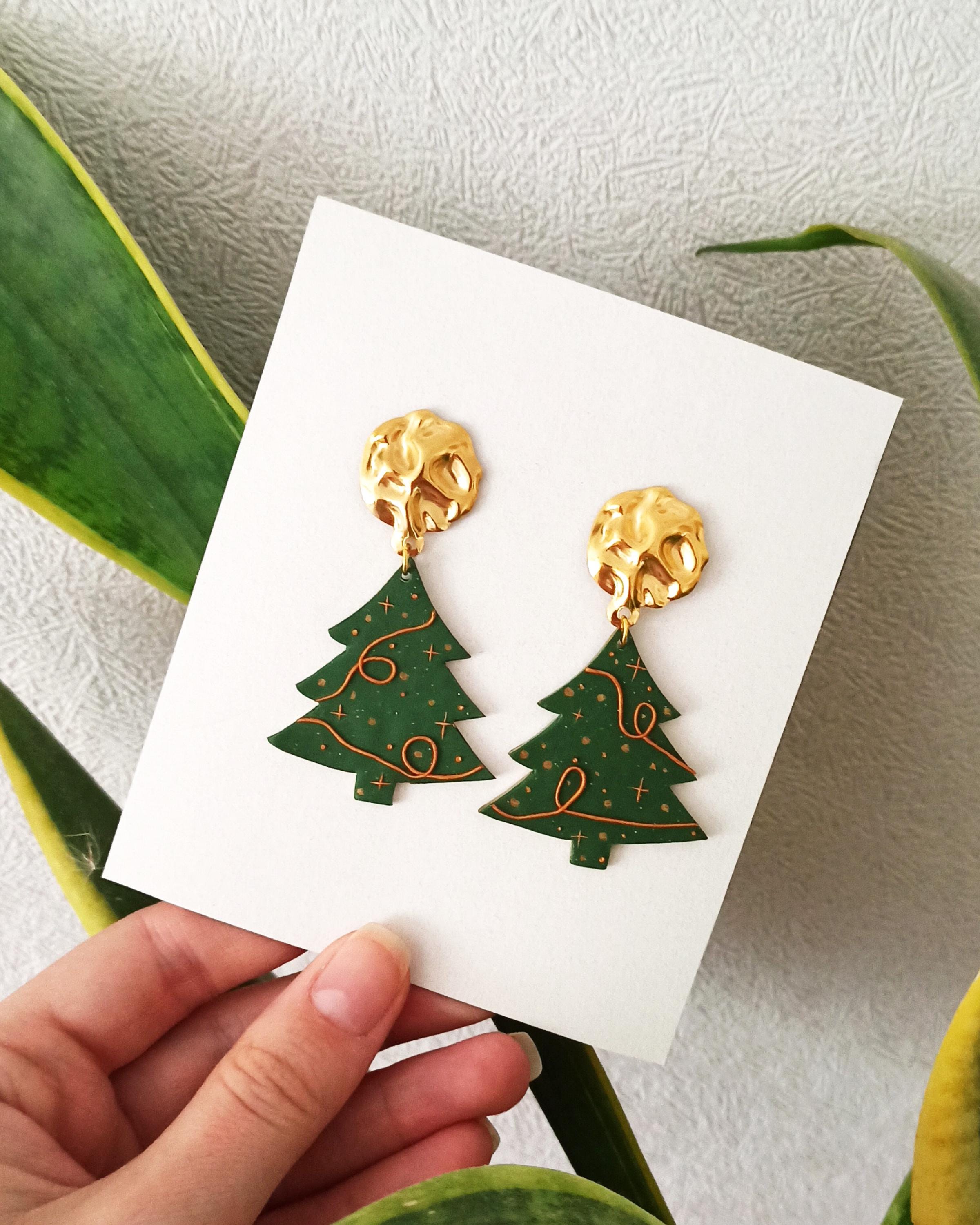 Avelli-Clay Festive Earring, Christmas Tree Earrings, Stainless steel Gold , Christmas Jewellery, Xmas Clay Earring, Simple Dainty girl gift