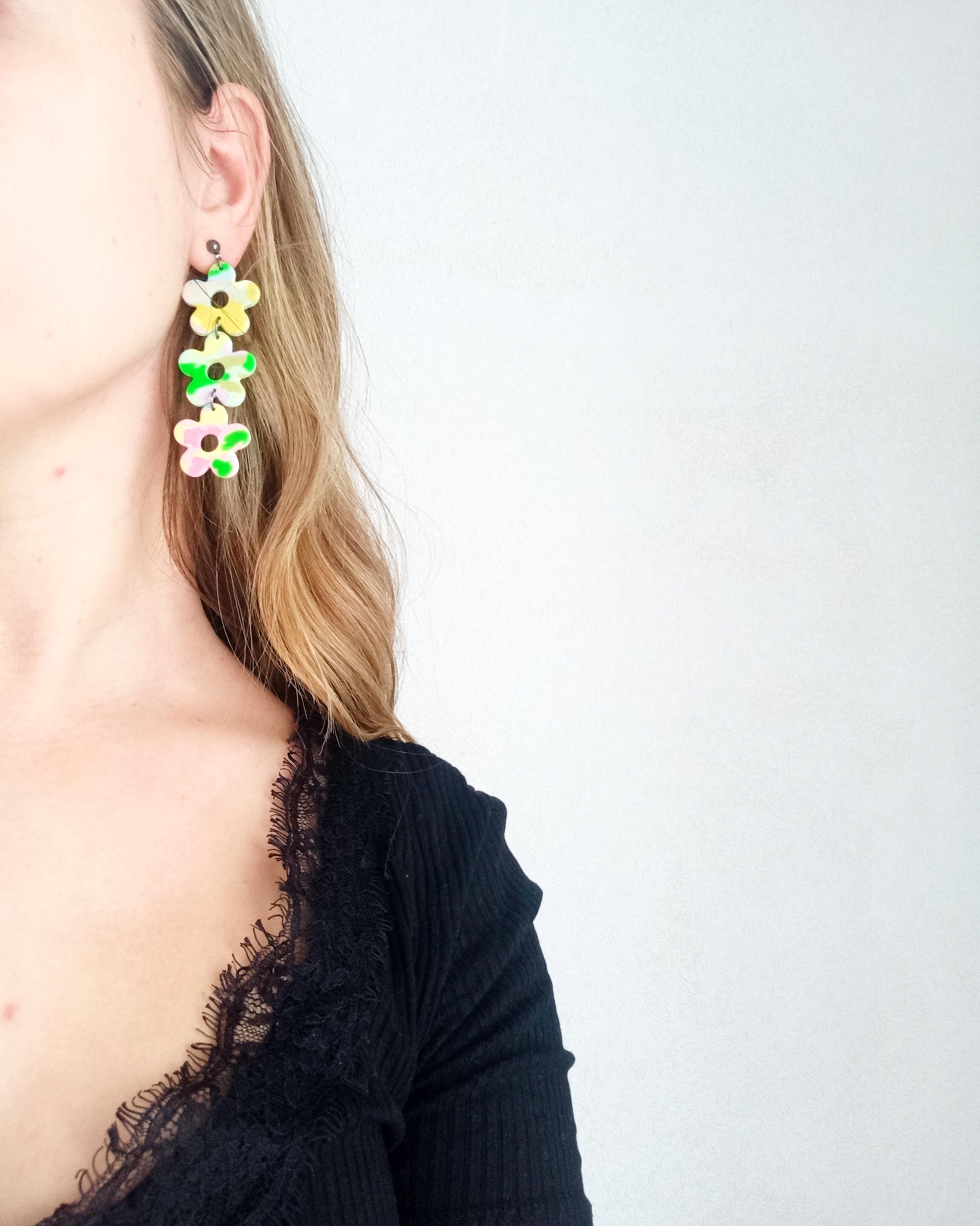 Large Polymer Clay Flower Earrings: Handmade Floral Dangle Earrings