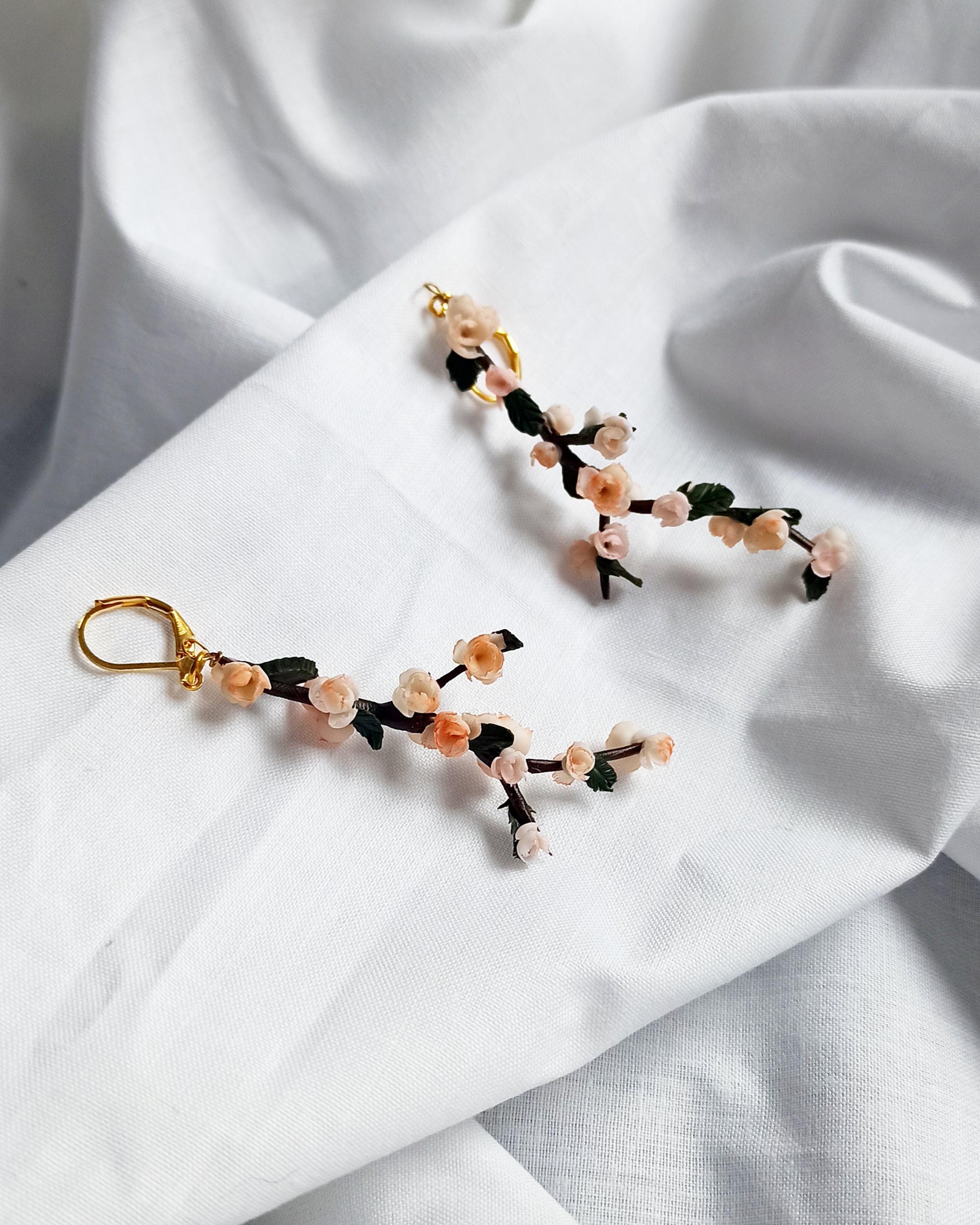 Handmade Polymer Clay Cherry Blossom Earrings: Japanese Sakura Floral Jewelry