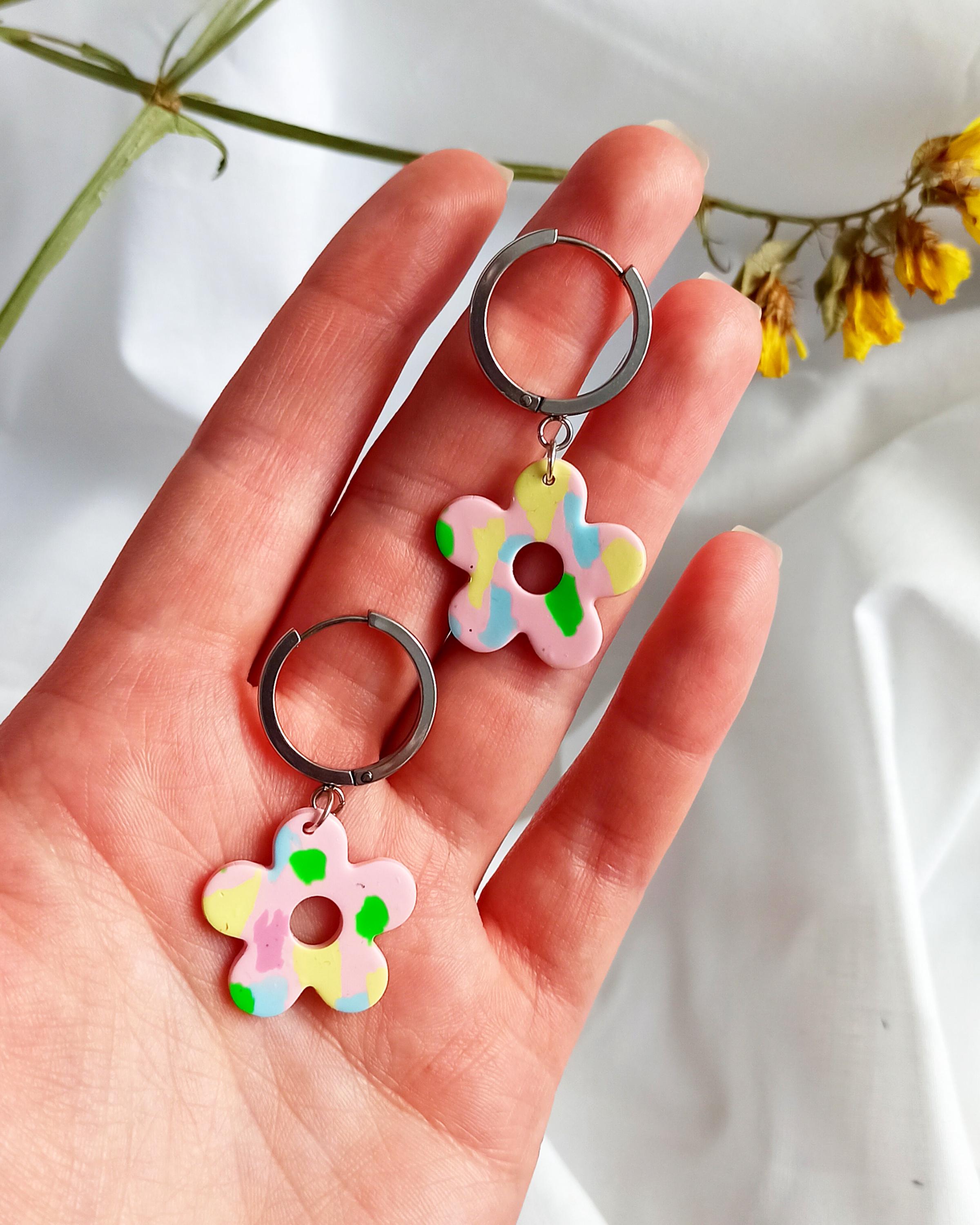 Polymer Clay Flower Huggie Earrings: Stainless Steel Dangle