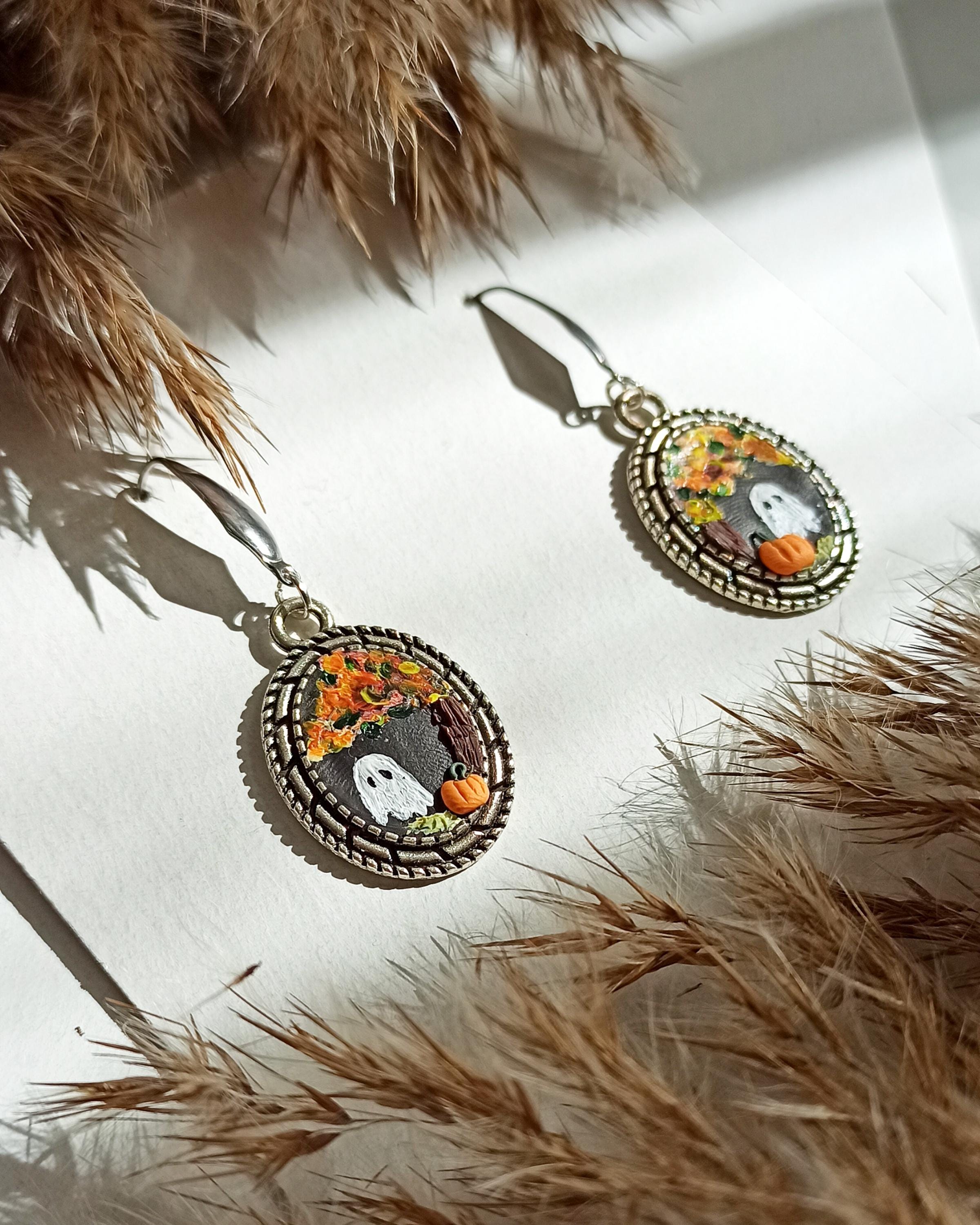Hand-Painted Halloween Ghost Earrings: Polymer Clay, Antique Silver Frame