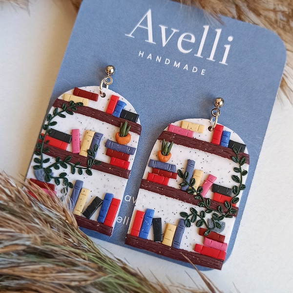 Book Lover Earrings, Book Nerd, Bookcase Earrings, Book Worm, Teacher Earrings, Handmade Clay Dangle Earrings, Readers and Literature Lovers