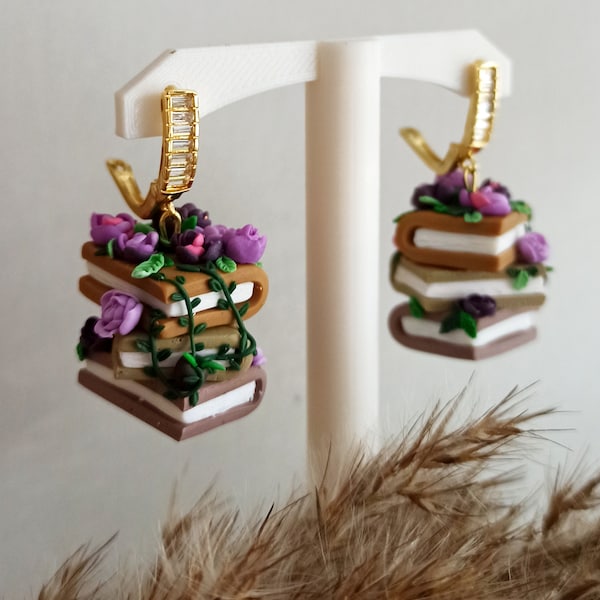 HANGING BOOKS | Polymer Clay Earring | Book Lover Jewelry | Summer Jewelry | Flower Earring | Reader Jwlr |  | Gift for Her | Hypoallergenic