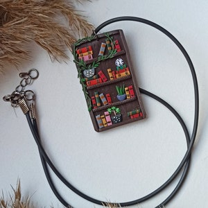 Handmade Polymer Clay Bookshelf Necklace: Book Lover Gift, personalised gift