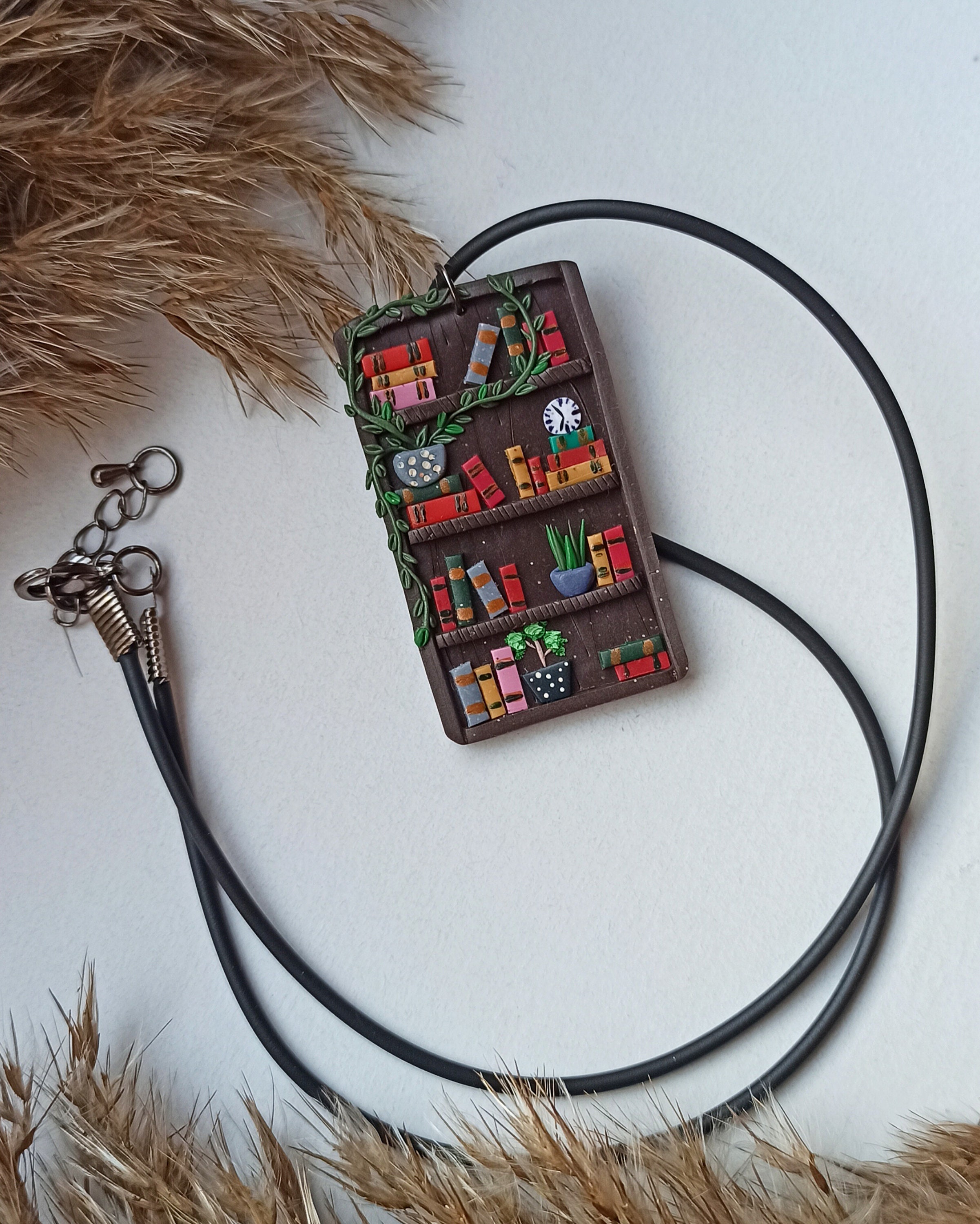Handmade Polymer Clay Bookshelf Necklace: Book Lover Gift, personalised gift