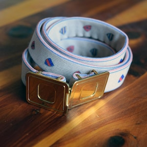 Vintage shield/coat of arms belt/children&#39;s belt/accessories/white, multi color/metal buckle/vintage young adult/fabric/children&#39;s belt