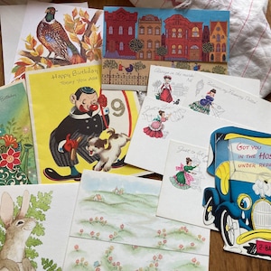 Vintage Greetings Bundle/11 tarjetas, postales/correo postal, postalettes, cumpleaños, recuperarse/Hallmark, Norcross/Payasos, flores, coche, conejo