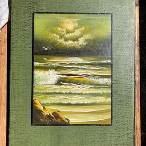 Pintura vintage del océano: paisaje marino firmado, tono verde, 5 x 7 pulgadas