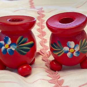 Small wood candlestick holders/red painted floral/Made in Sweden/vintage home decor/candle/cottage decor/set of two vintage candle holders