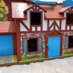 Fisher Price-huisset/Fisher Price-auto/picknicktafel/set bruine stoelen/plastic vrouw/vintage speelgoedset/cottage-speelset/fantasie uit de jaren 80