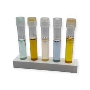 May include: Five clear glass test tubes containing different coloured liquids. The test tubes are in a white plastic rack. The liquids are green, yellow, white, blue, and yellow.