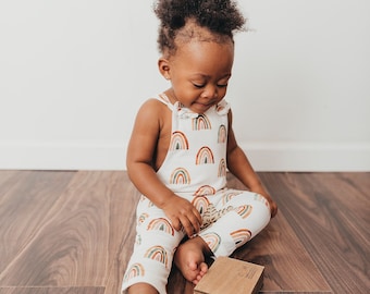 Rainbow overalls, earth tone rainbow overalls, girls overalls, boy overall, knot overalls,fall overalls,  cute overalls, toddler romper