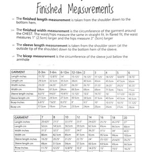 May include: A chart showing finished measurements for a softshell jacket in inches and centimeters. The chart includes measurements for length, width, sleeve length, and bicep circumference for sizes 0-3 months to 20.