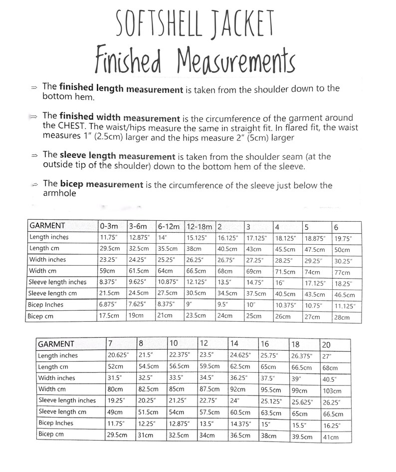 May include: A chart showing finished measurements for a softshell jacket in inches and centimeters. The chart includes measurements for length, width, sleeve length, and bicep circumference for sizes 0-3 months to 20.