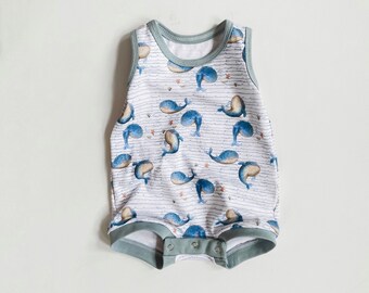 Organic whale romper, ocean romper, organic boy romper, sea romper, boys romper, waves summer romper, sleeveless romper, whale summer